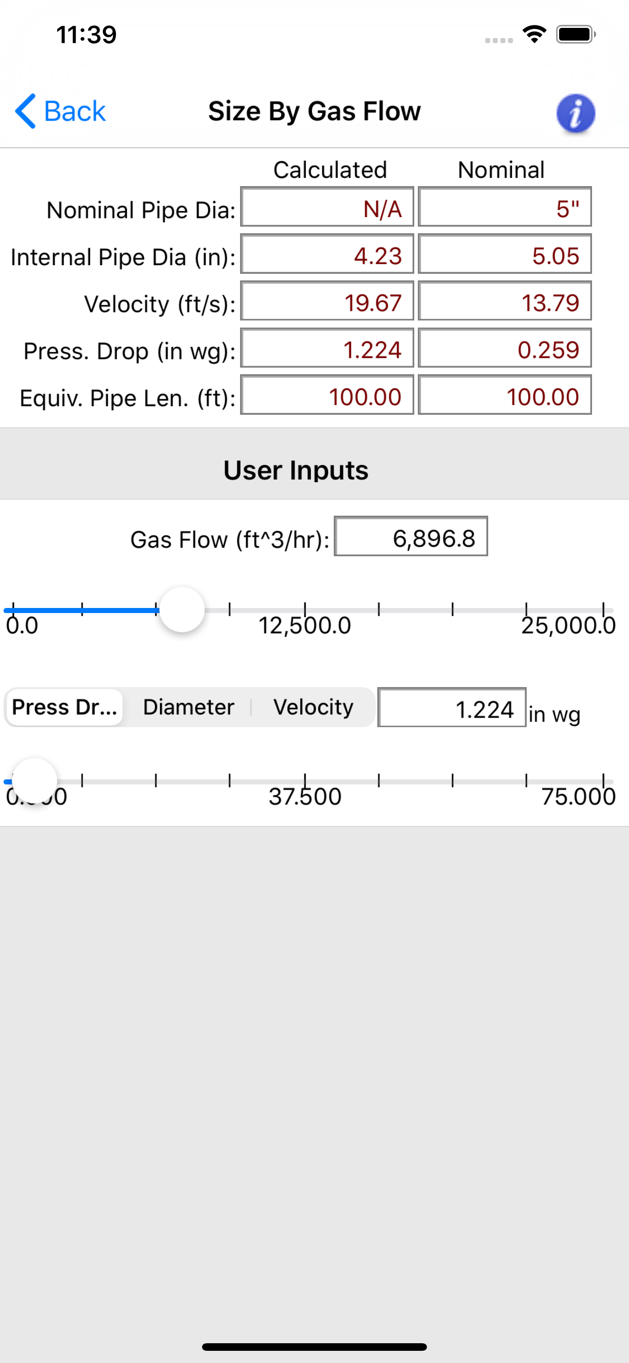 HVAC Pipe Sizer Gas Low App