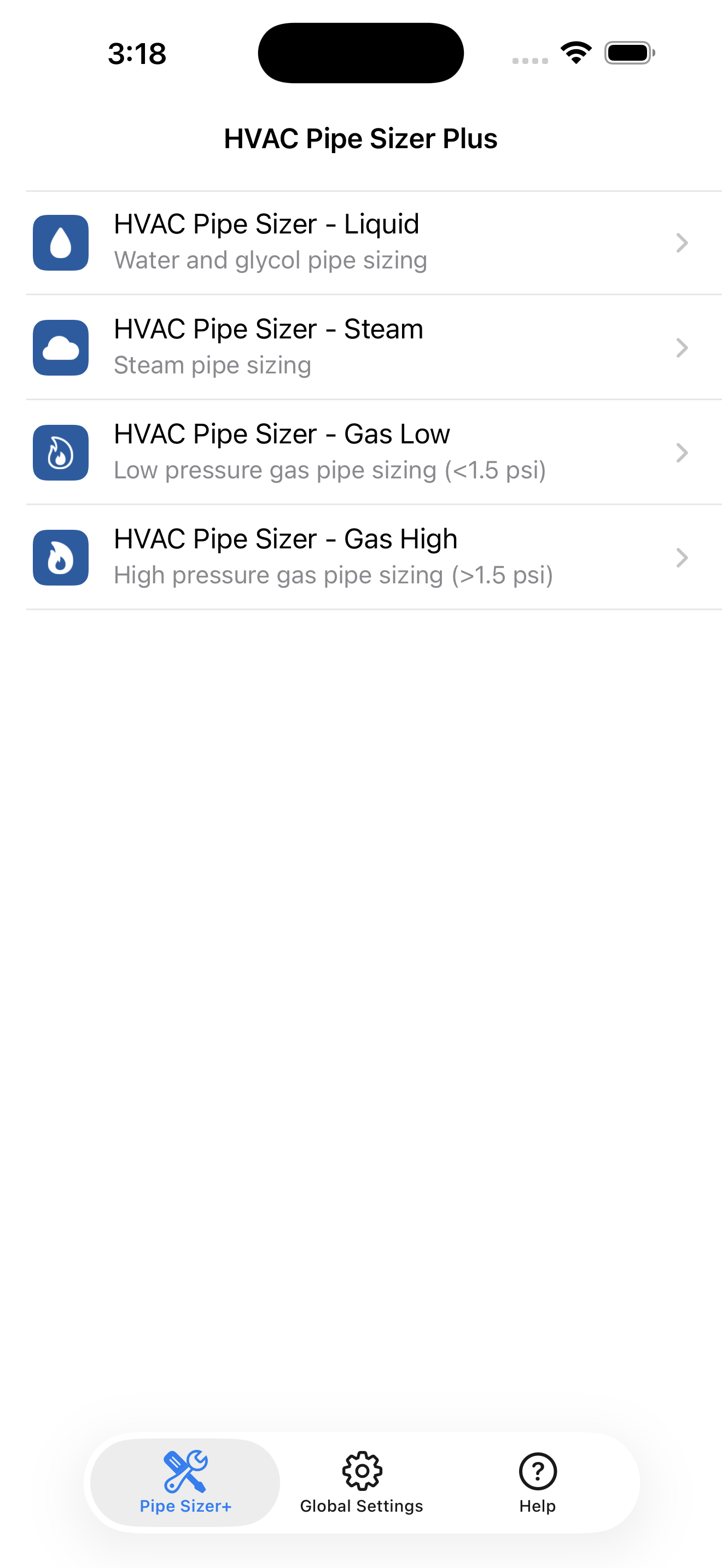 HVAC Pipe Sizer Gas Low App