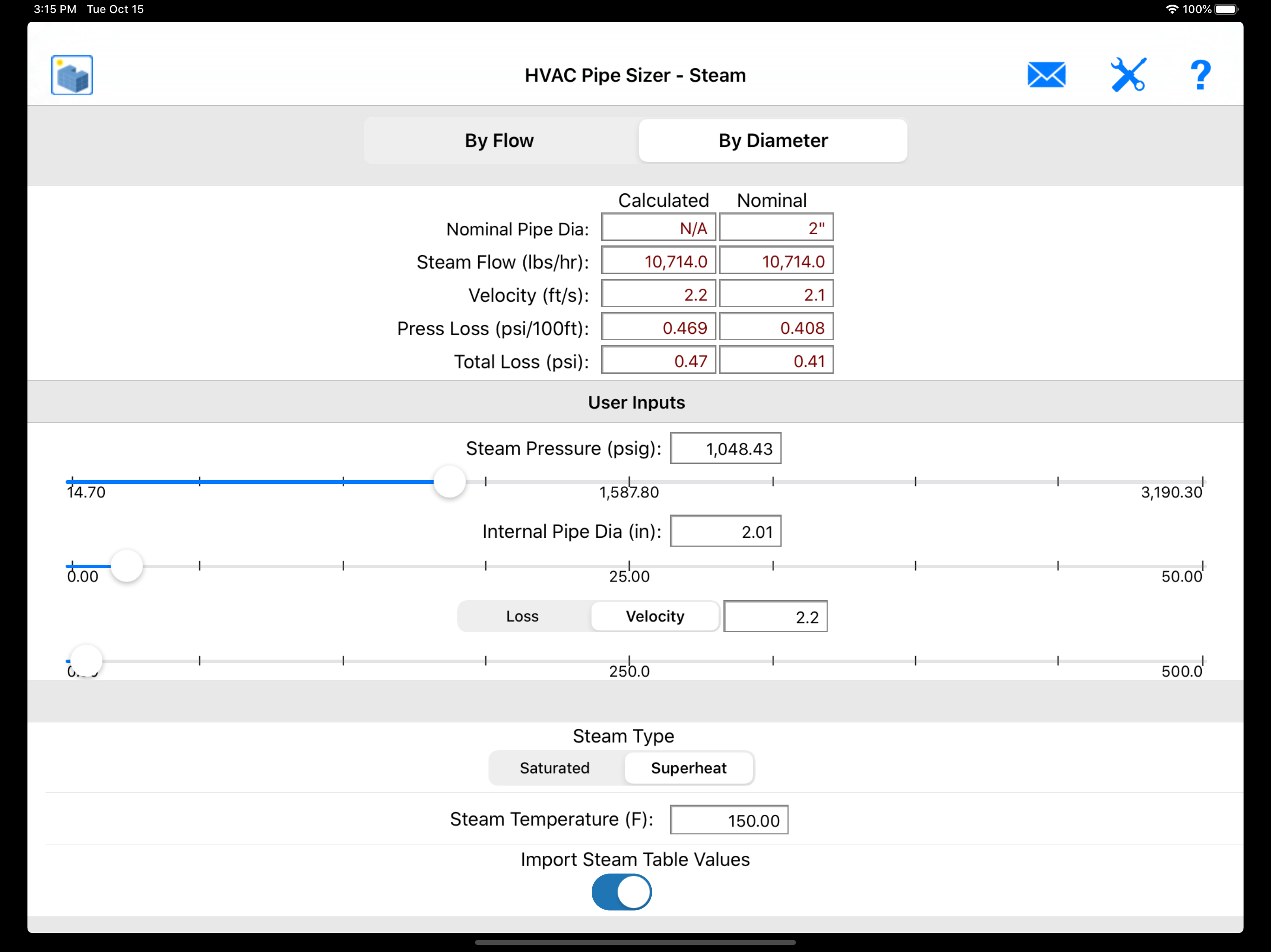 HVAC Pipe Sizer Steam App
